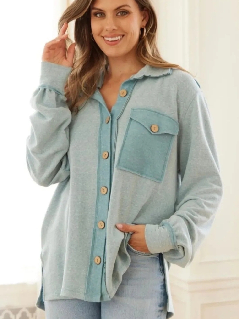 Light Blue Button-Up Shacket with Chest Pocket